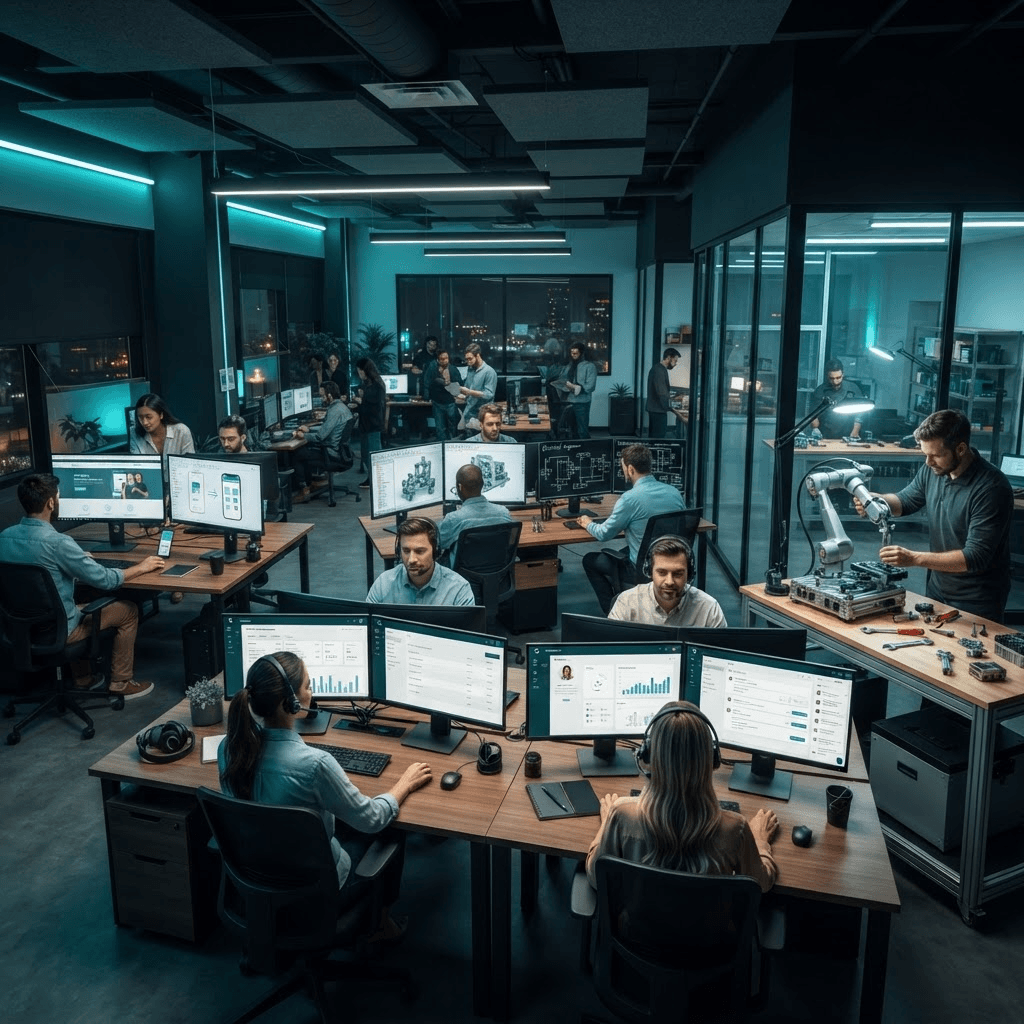 Een modern tech-kantoor waar teamleden ieder aan hun eigen bureau werken: een website ontwerpen, een mobiele app bouwen, een industriële machine modelleren in CAD, elektrische schema’s tekenen en een echte machine opbouwen met een robotarm.